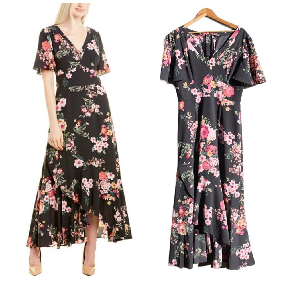 Julia Jordan floral print Asymmetrical ruffled maxi dress short Sleeve Size 6/8